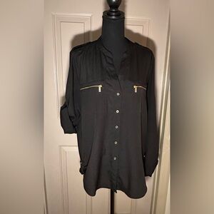 Calvin Klein Black Button-Up Blouse with Silver Zippers